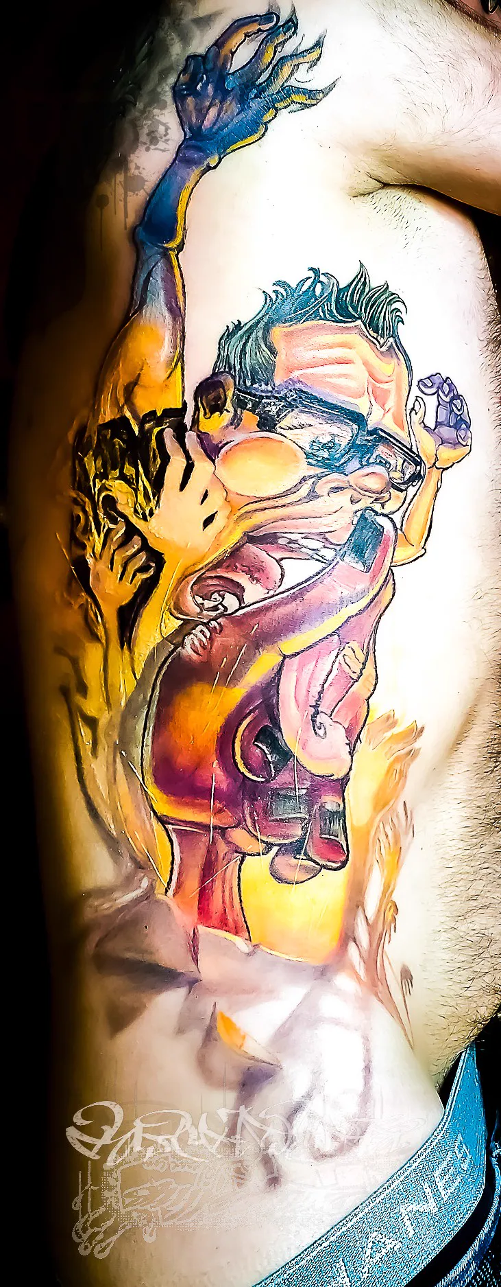 061-New School Full Color Hell Hand Tattoo on Ribs – Daniel Collins – Premium Tattoo Artistry