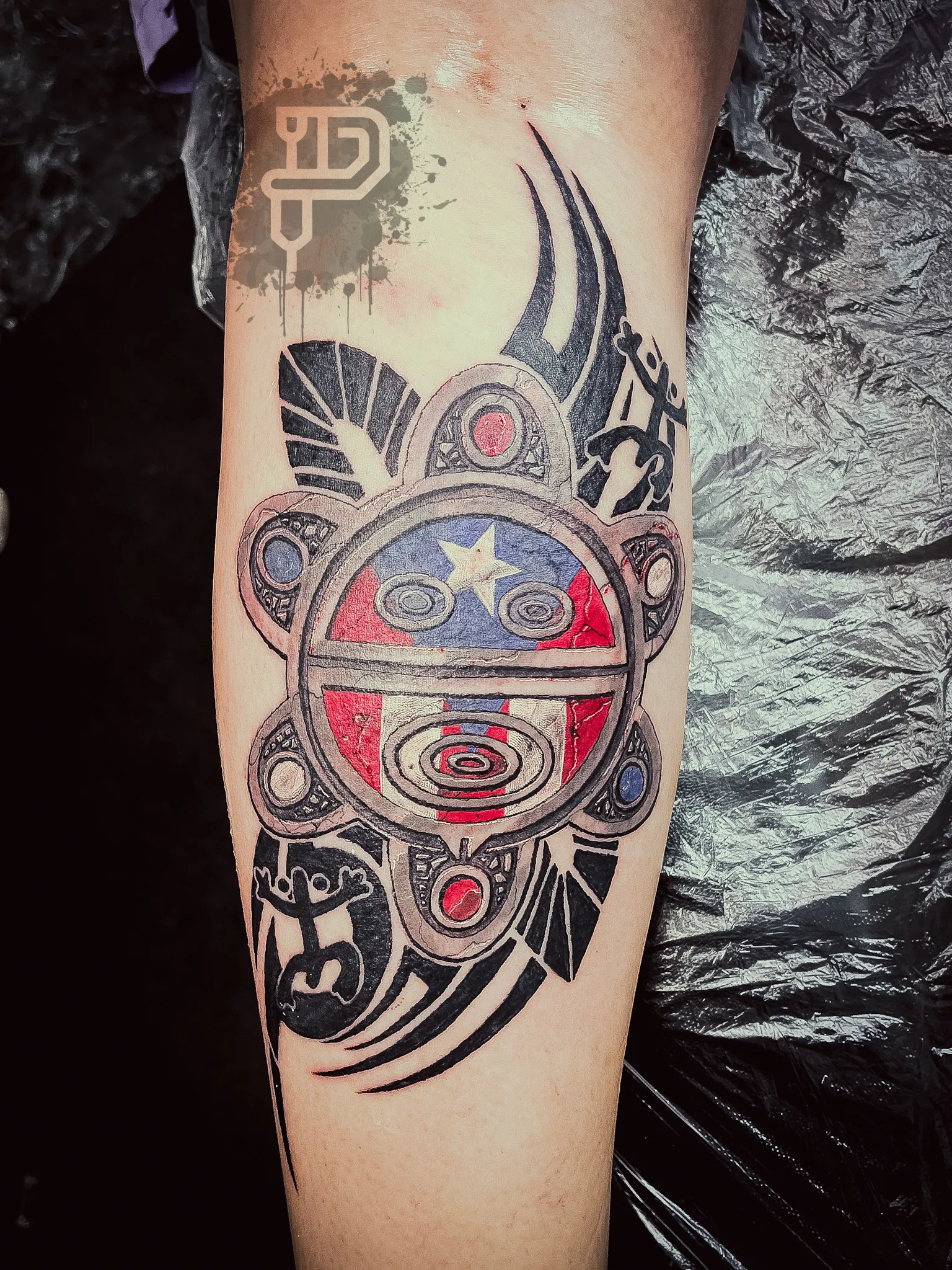 171-Puerto Rican Flag and Stone Rune Tribal Mashup Tattoo – Daniel Collins – Premium Tattoo Artistry