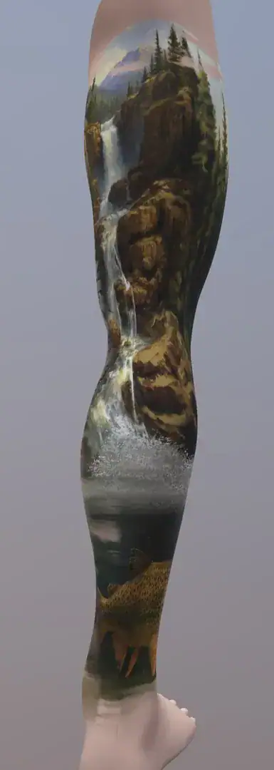 Montana waterfall and trout leg sleeve tattoo | Premium Tattoo Artistry Austin, TX