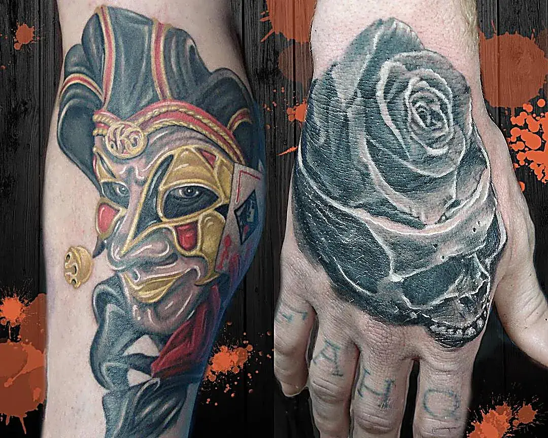 Contrast in style: vibrant jester calf tattoo and monochrome skull rose hand ink.