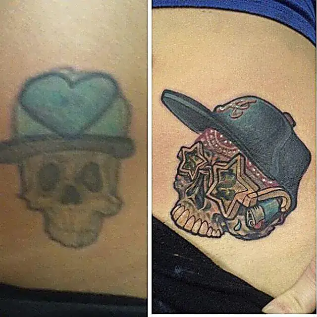 From faded to fierce: Skull tattoo cover-up with bold colors and fresh detail.