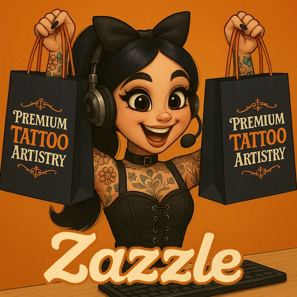 Stylized cartoon of Inkerbelle, a tattooed gothic character with headset and shopping bags labeled "Premium Tattoo Artistry," standing behind a keyboard with the Zazzle logo below—used to showcase affiliate branding on a vibrant orange background.