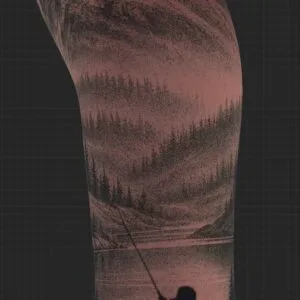 Fisherwoman tattoo sleeve with pine forest, raven, and birds in black and gray realism