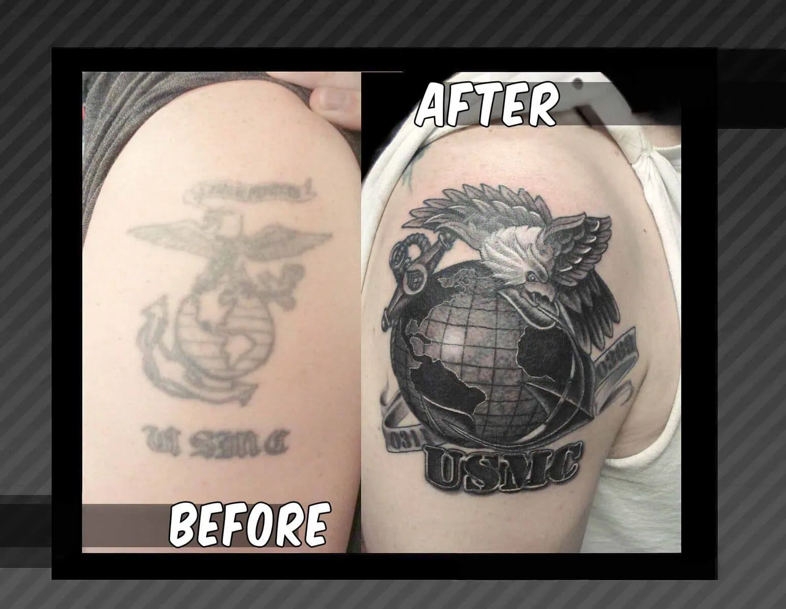 USMC Eagle Globe Anchor tattoo cover-up realism by Daniel Collins in Austin TX